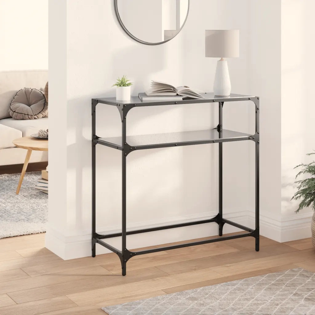 Tavolino Consolle con Piano in Vetro Nero 80x35x81cm in Acciaio 846025
