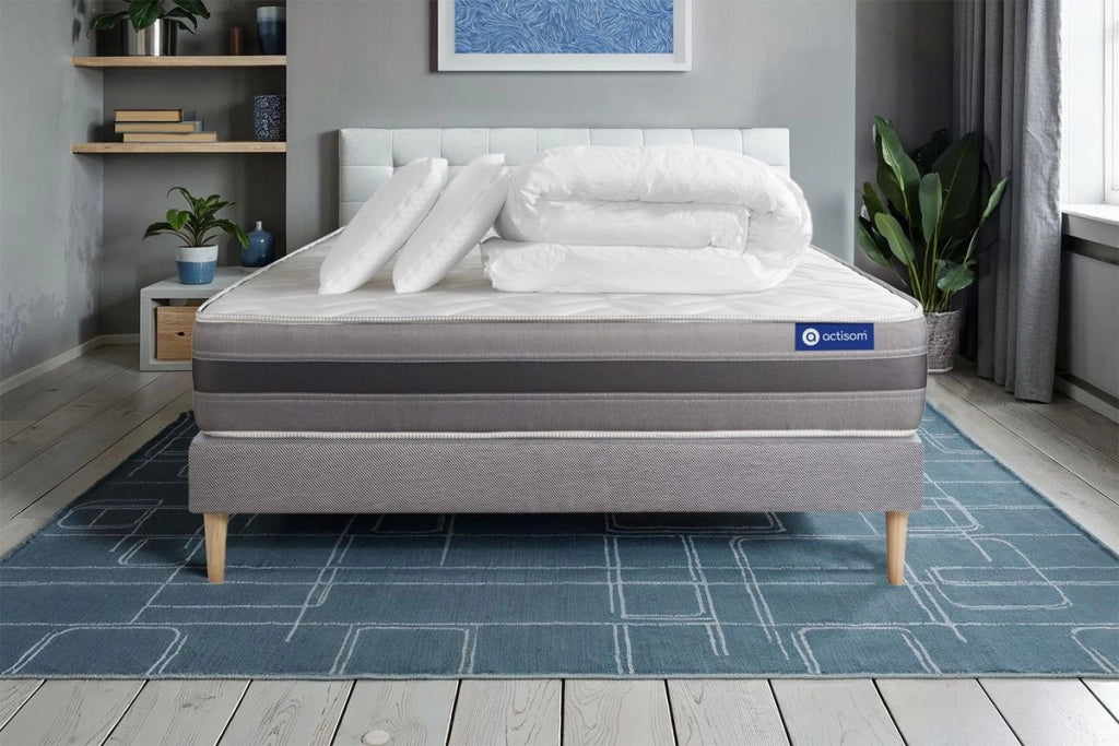 Pacchetto letto completo - Materasso 160x200cm + Box spring con doghe (kit) + 2 cuscini + Piumino - Actimemo Relax