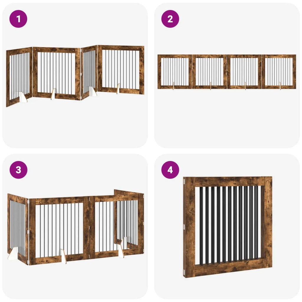 Cancello per cani pieghevole con supporti 4 pcs Rovere Fumo 892033