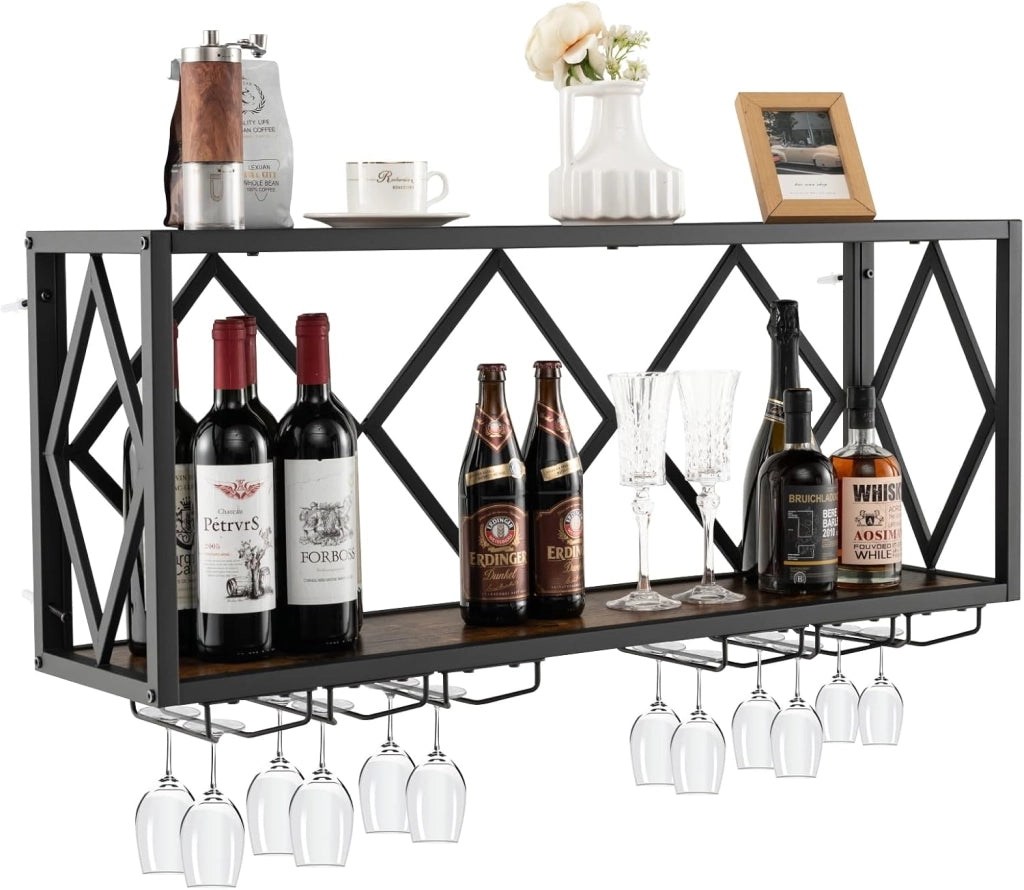 Portabottiglie da Parete, Scaffale per Esposizione di Vino con 6 File di Portabicchieri, Scaffale per Conservare 39 Bottiglie e 12 Bicchieri, Adatto per Cucina, Soggiorno, Sala da Pranzo