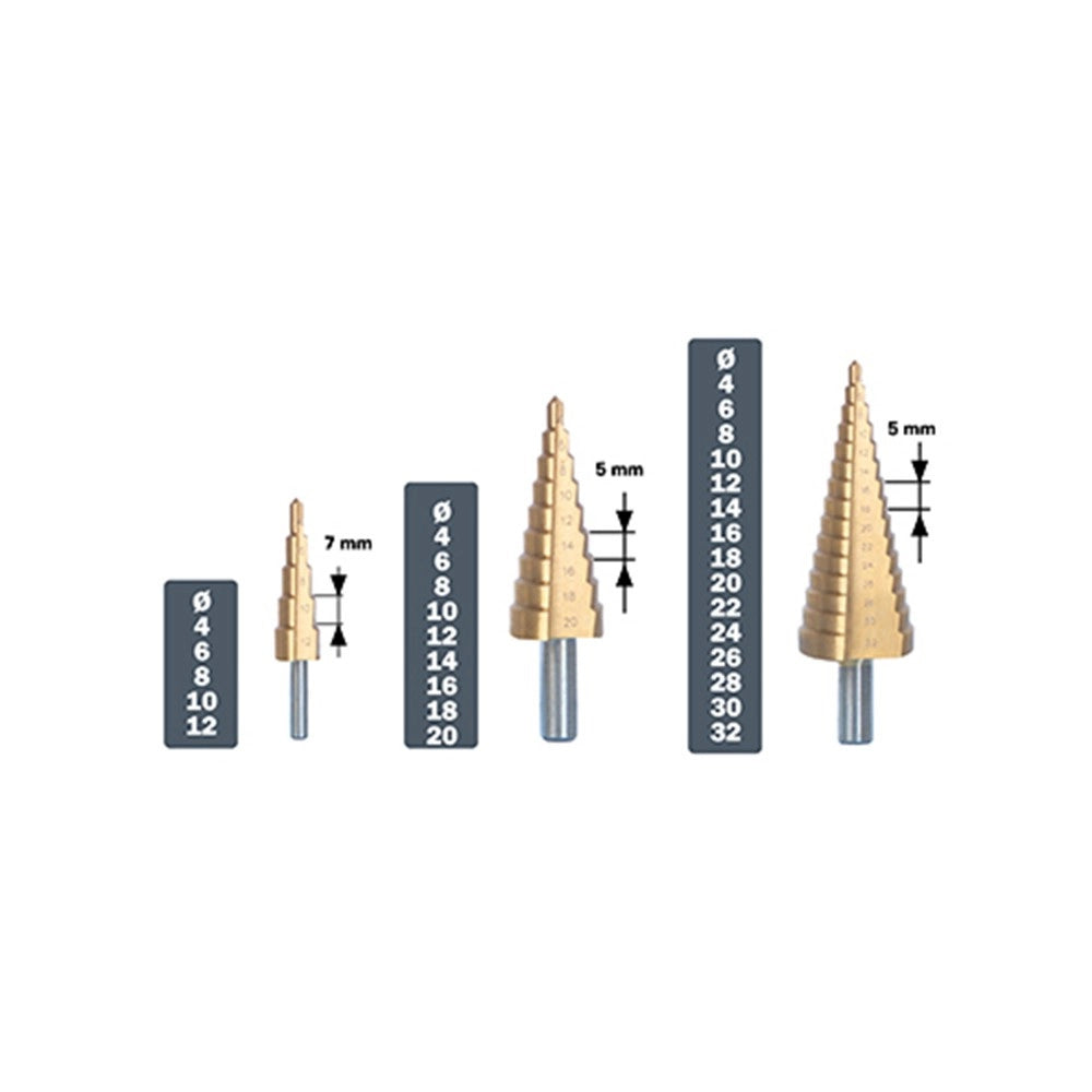 Ribimex set 3 punte frese a scalini hss per legno acciaio plastica