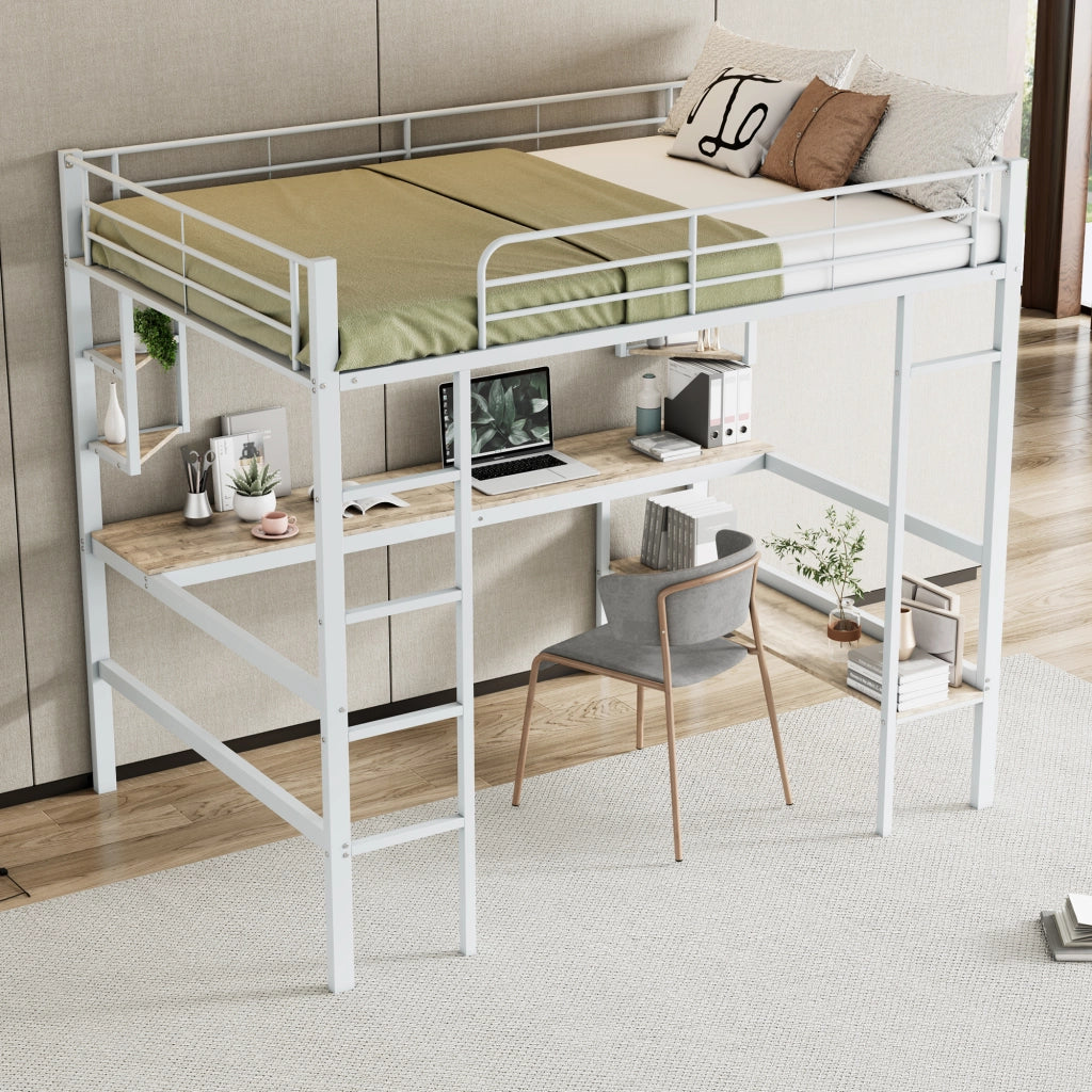 OKWISH Letto a Soppalco 140×200 cm, Letto Matrimoniale con Scrivania, 4 Mensole e Libreria, senza Materasso, in Metallo e MDF, Bianco