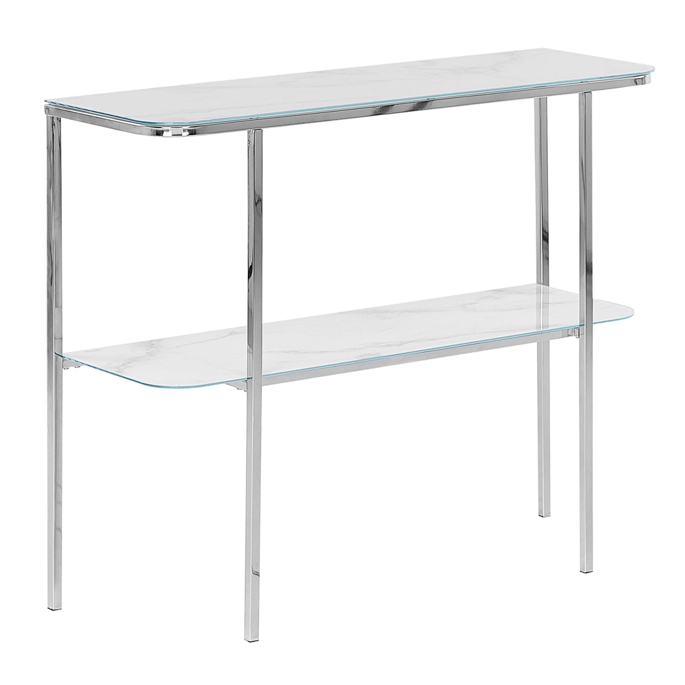 Consolle Bianco Argento Vetro Temperato Acciaio 100 x 35 cm Effetto Marmo Glam Moderno Soggiorno Camera Da Letto Corridoio