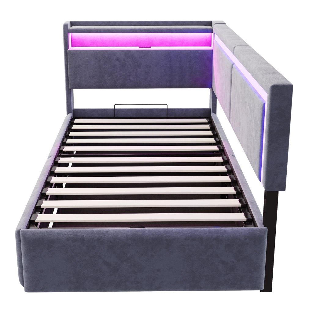Divano letto imbottito con contenitore, testiera con ripiani, LED e USB, rete a doghe, in velluto grigio 90 × 200 cm