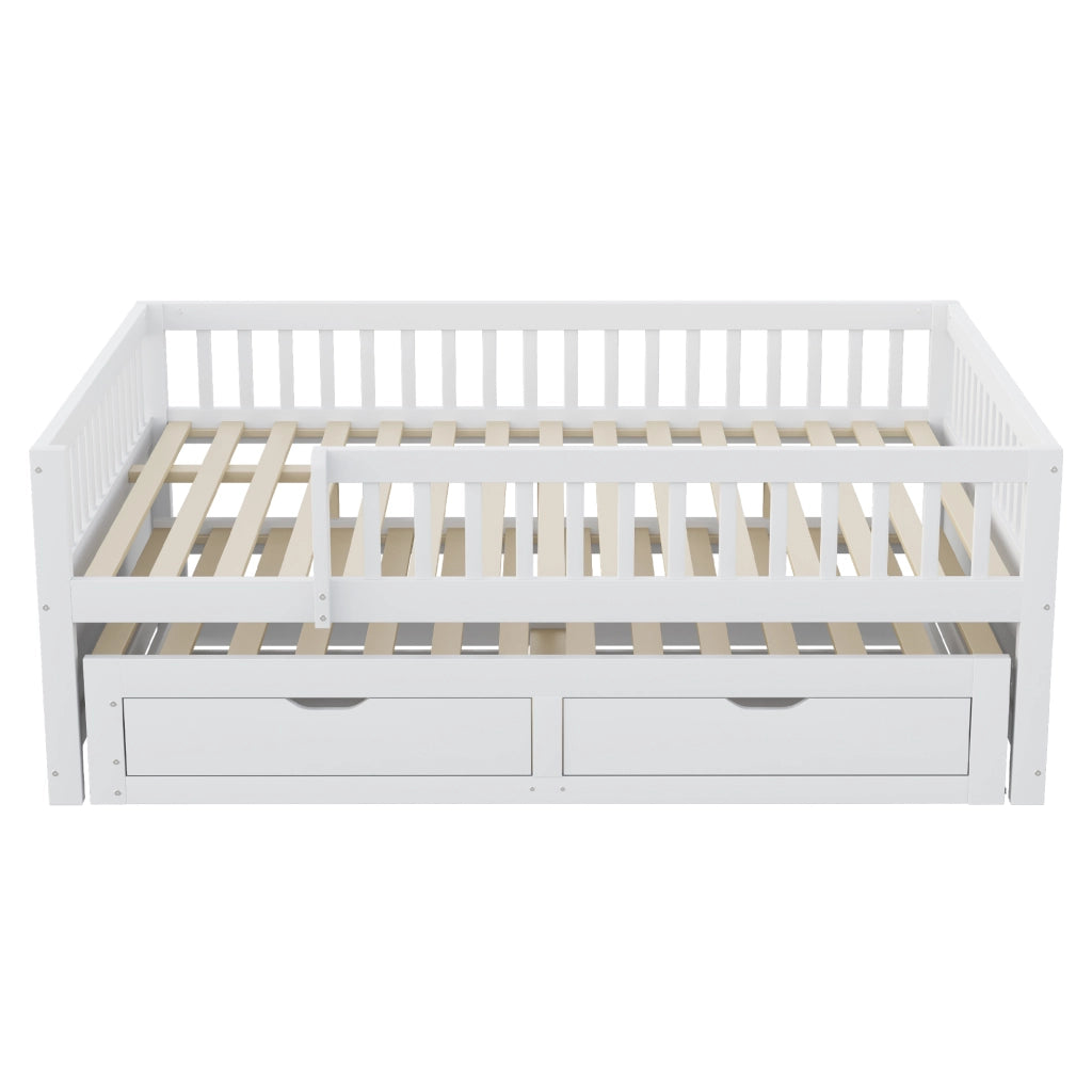 Letto estraibile matrimoniale 140×200 cm con 2 cassetti; sponda di sicurezza e rete; senza materasso; legno; bianco