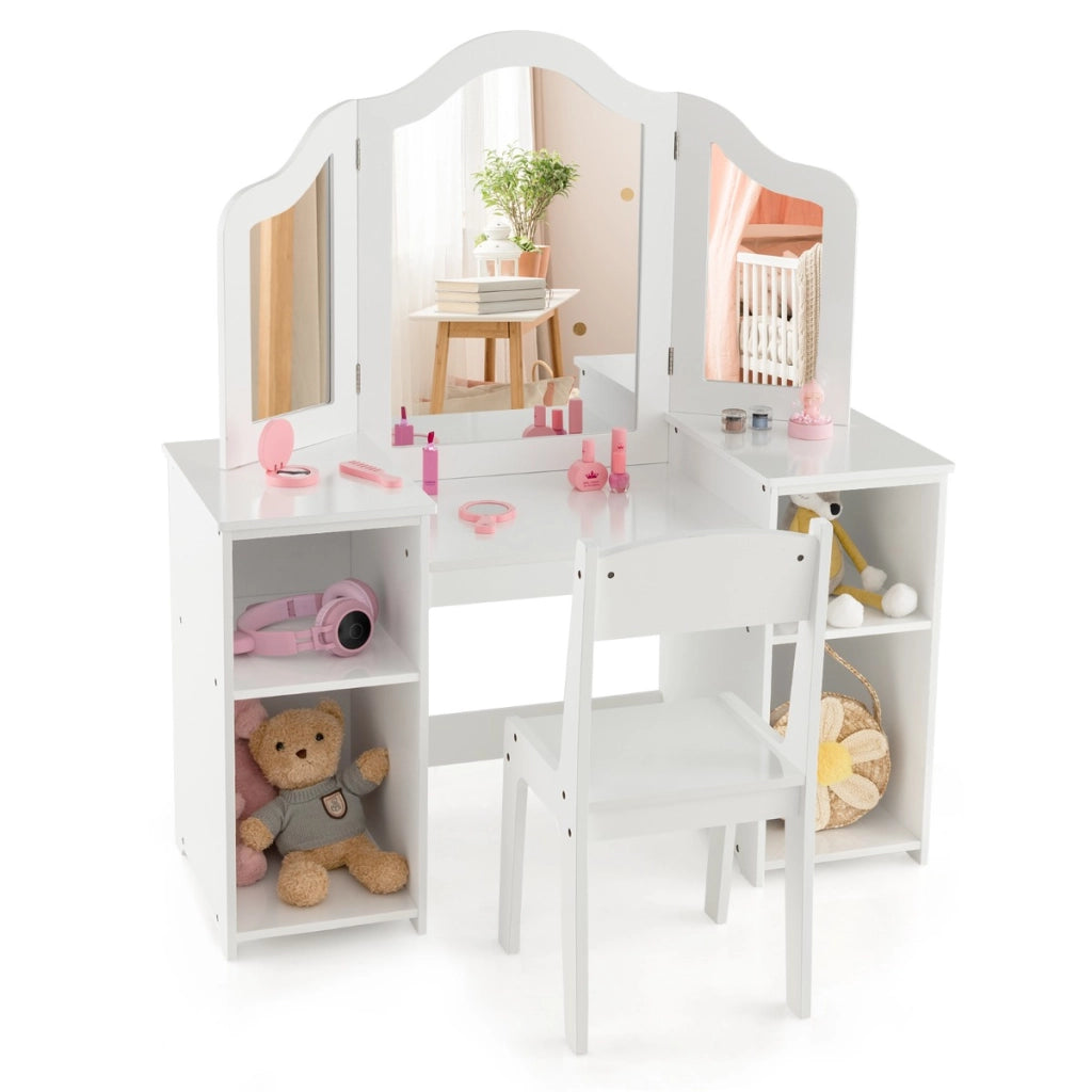 Set tavolo da trucco sedia per bambini con specchio a 3 ante rimovibile, Set 2-in-1 di vanit¨¤ per ragazze Bianco-Toelette per bimbi