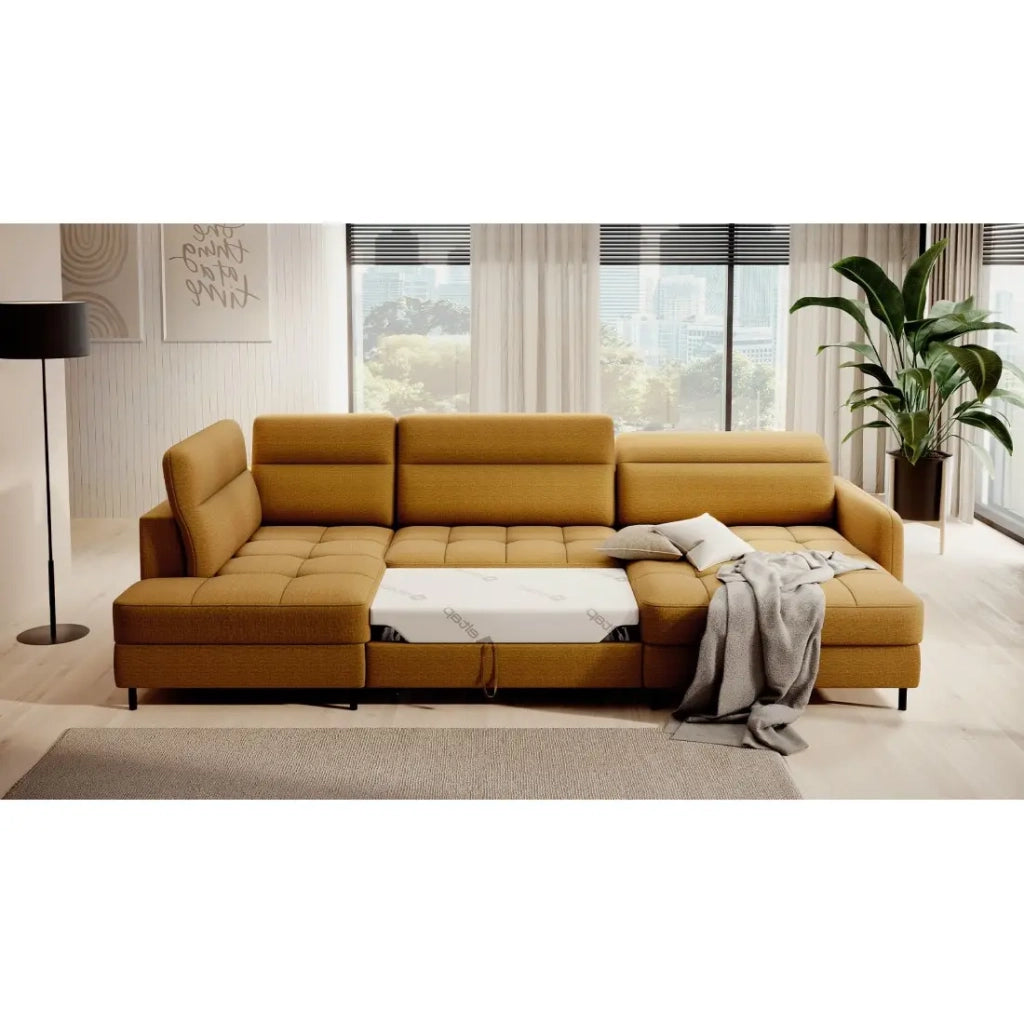 Canapé d'angle convertible BERTHO 306 cm giallo aranciato – Angolo destro con contenitore