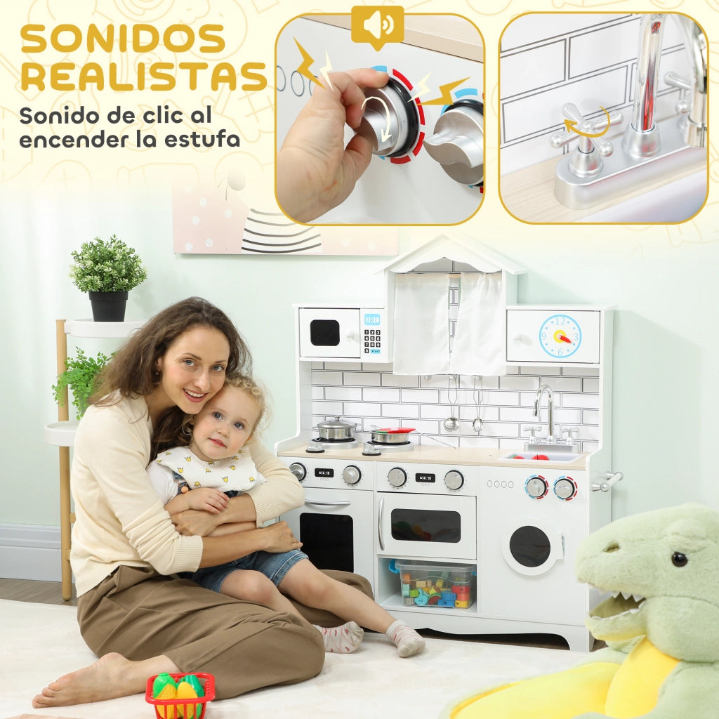 Cucina Giocattolo Legno con Suoni e Tende Accessori Acciaio ¨C Xylo ¨C Bianco 3+ Anni