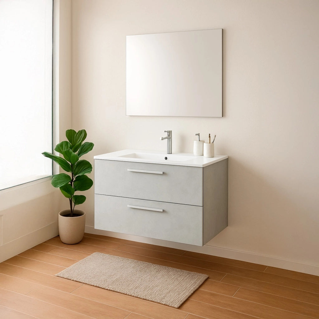 Arredo Bagno Sospeso Mobiletto Due Cassettoni Soft Close Lavandino Lavabo Ceramica Specchio Design Moderno Nordico 57 x 80 x 45 Cm Colore Grigio Cemento