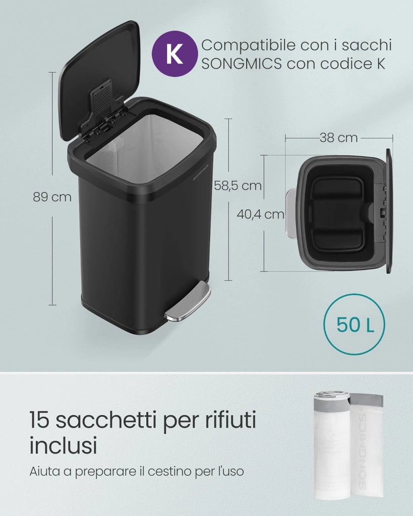 SONGMICS Cestino da Cucina, Pattumiera per Rifiuti da 50 L, Cestino a Pedale in Metallo con Coperchio, Alto e Grande, Nero LTB530B5002