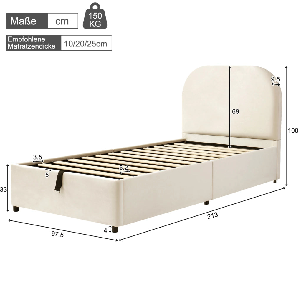 Letto imbottito singolo con contenitore idraulico; testiera imbottita in velluto beige