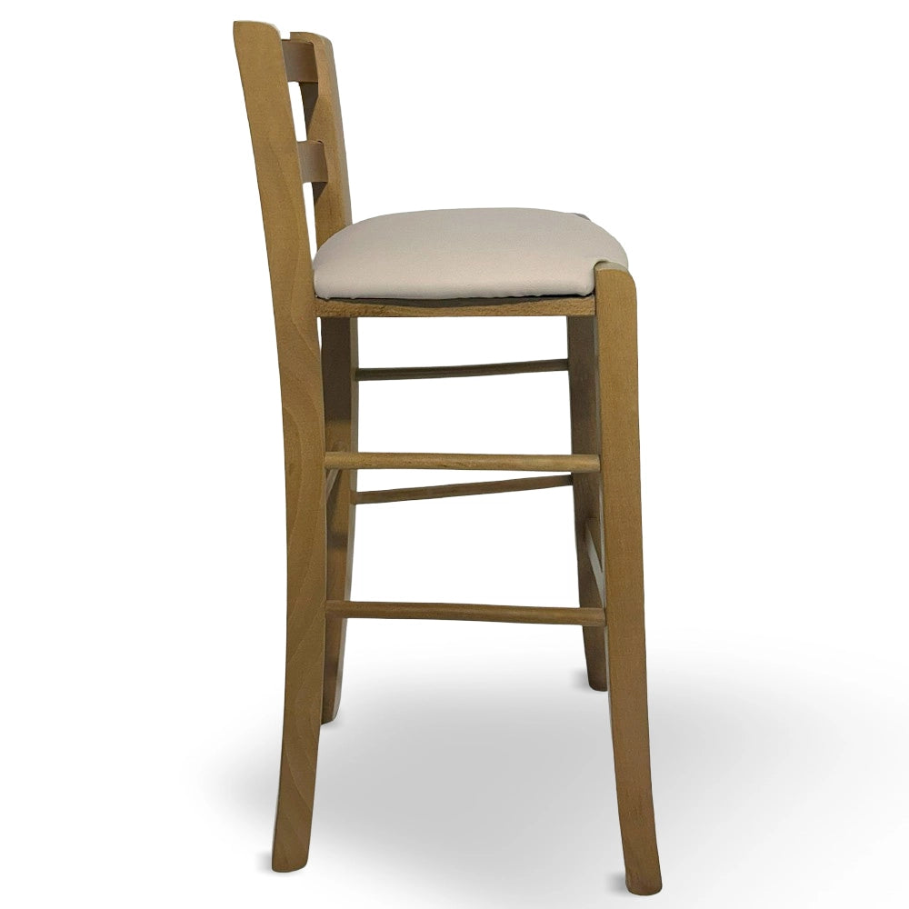 Sgabello in legno noce chiaro con schienale h 66 cm con seduta similpelle beige