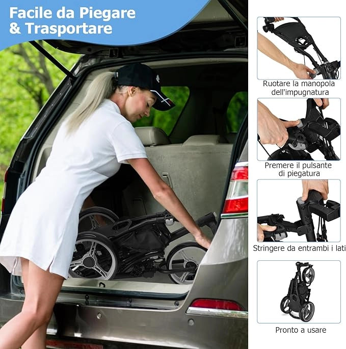 Carrello da Golf Pieghevole con 3 Ruote, Struttura in Alluminio, Cinghia Elastica, Portaombrello Regolabile e Porta Bicchiere, Segnapunti e Freno a Pedale