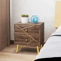 Comodino con 2 Cassetti, Maniglie Dorate, Piedi in Acciaio, 45 x 35 x 50 cm, Marrone