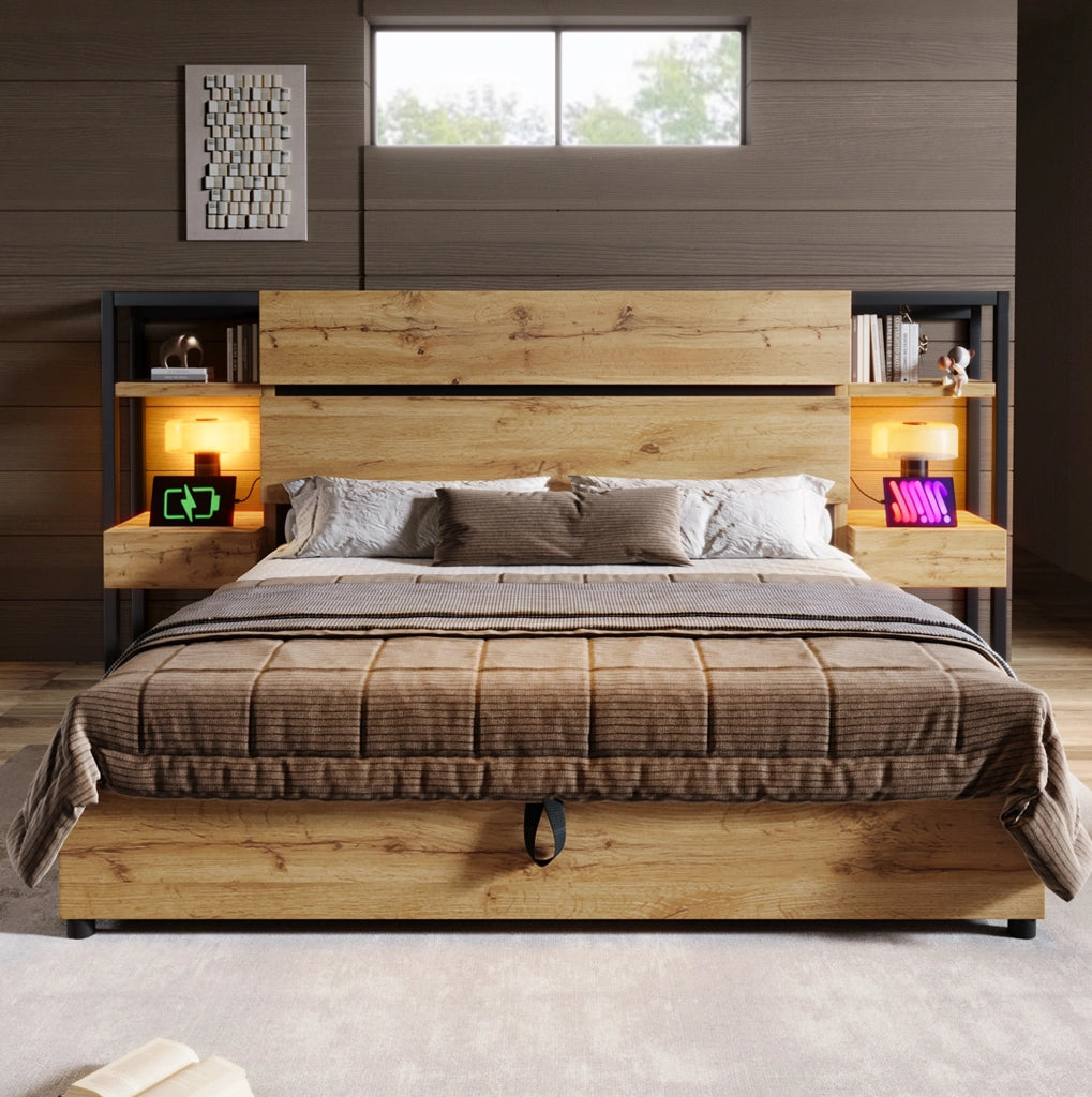 Letto matrimoniale contenitore in stile industriale con ricarica USB e Type-C