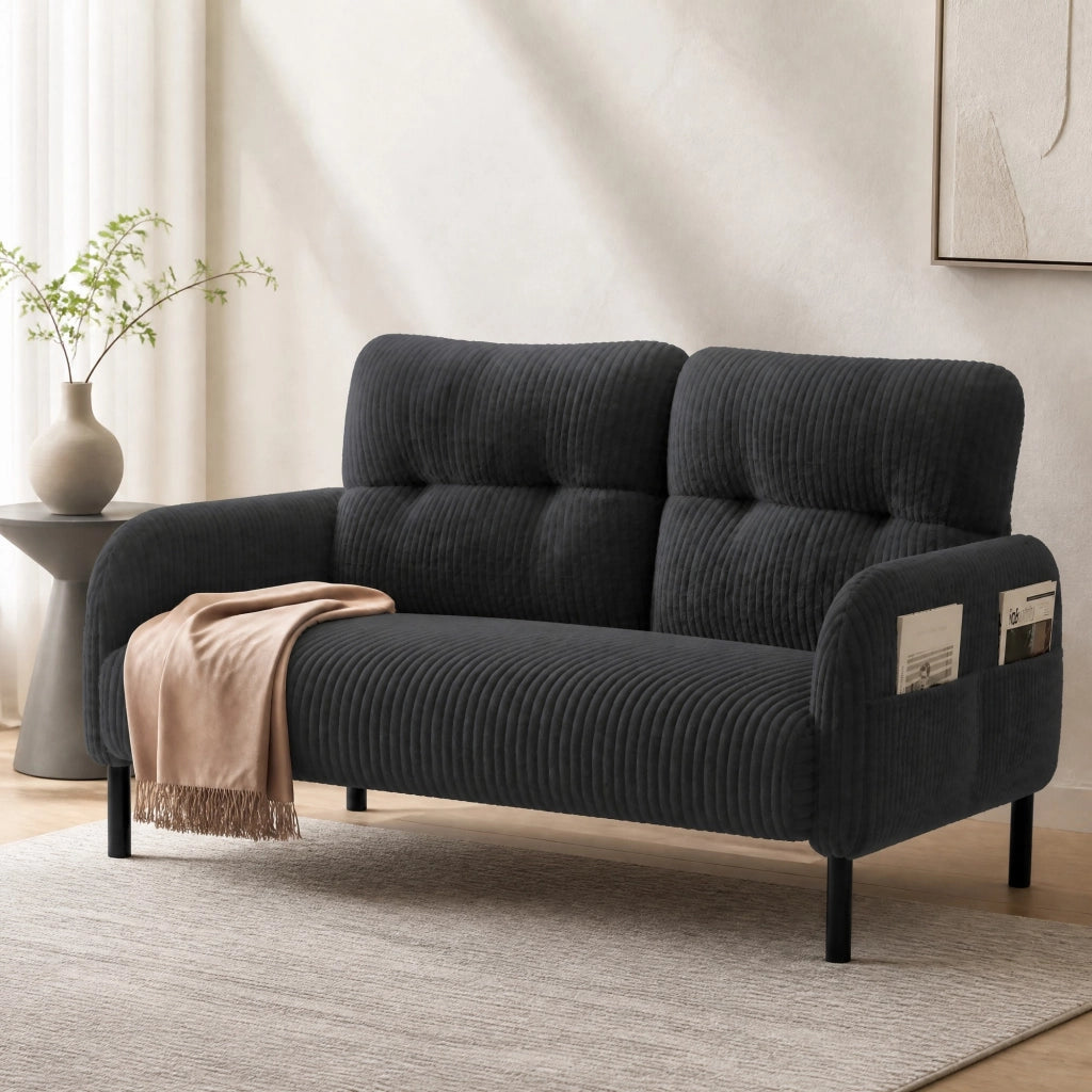 DIVANO 2 Posti 120 x 75 x 79 cm in Tessuto a Coste Grigio con Tasche Laterali