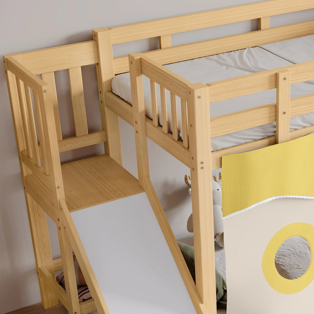 LETTO A CASTELLO con scivolo e scala 90x200 cm MDF e pino naturale con tende
