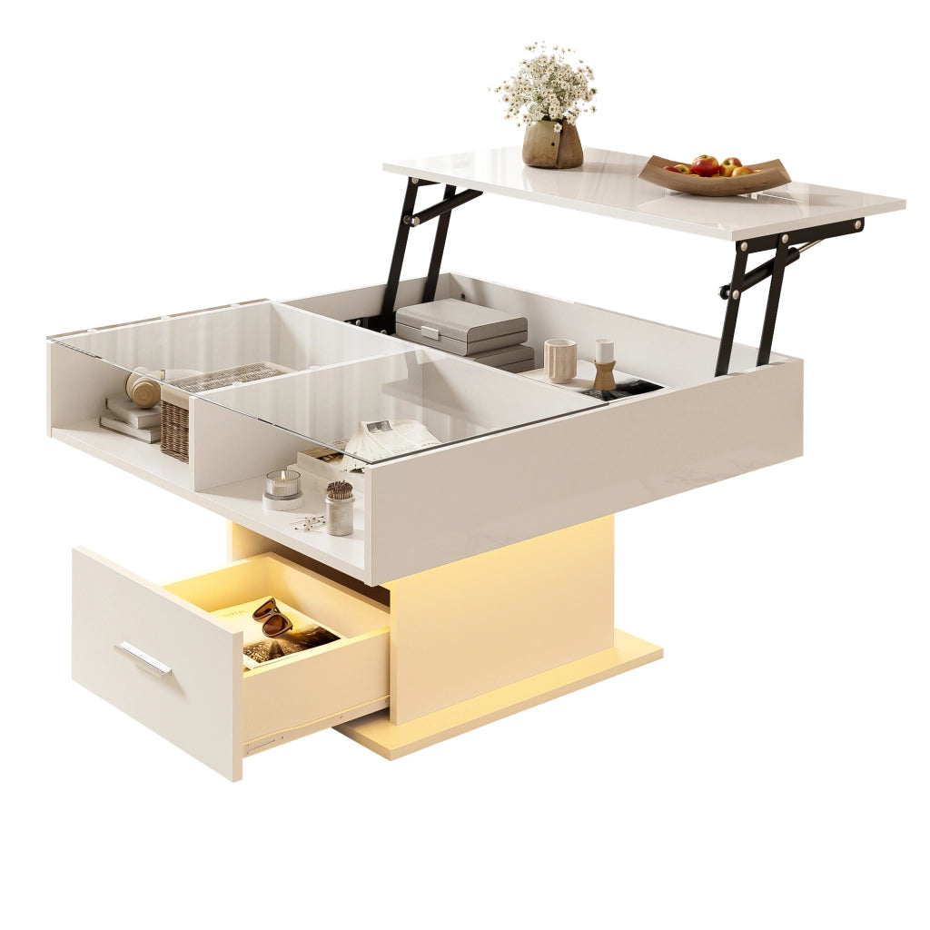 Tavolino da Salotto Sollevabile con 1 Cassetto e 1 Vano e LED; Finitura Lucida; in Pannelli di Truciolare; Bianco