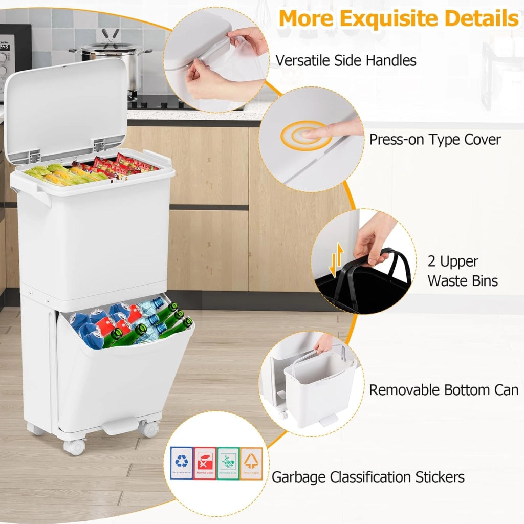 Bidone della Spazzatura da Cucina 36L, Doppio Strato con 3 Secchi Rimovibili, Etichette per Classificazione, Contenitore con Ruote per Raccolta Differenziata(36 L)
