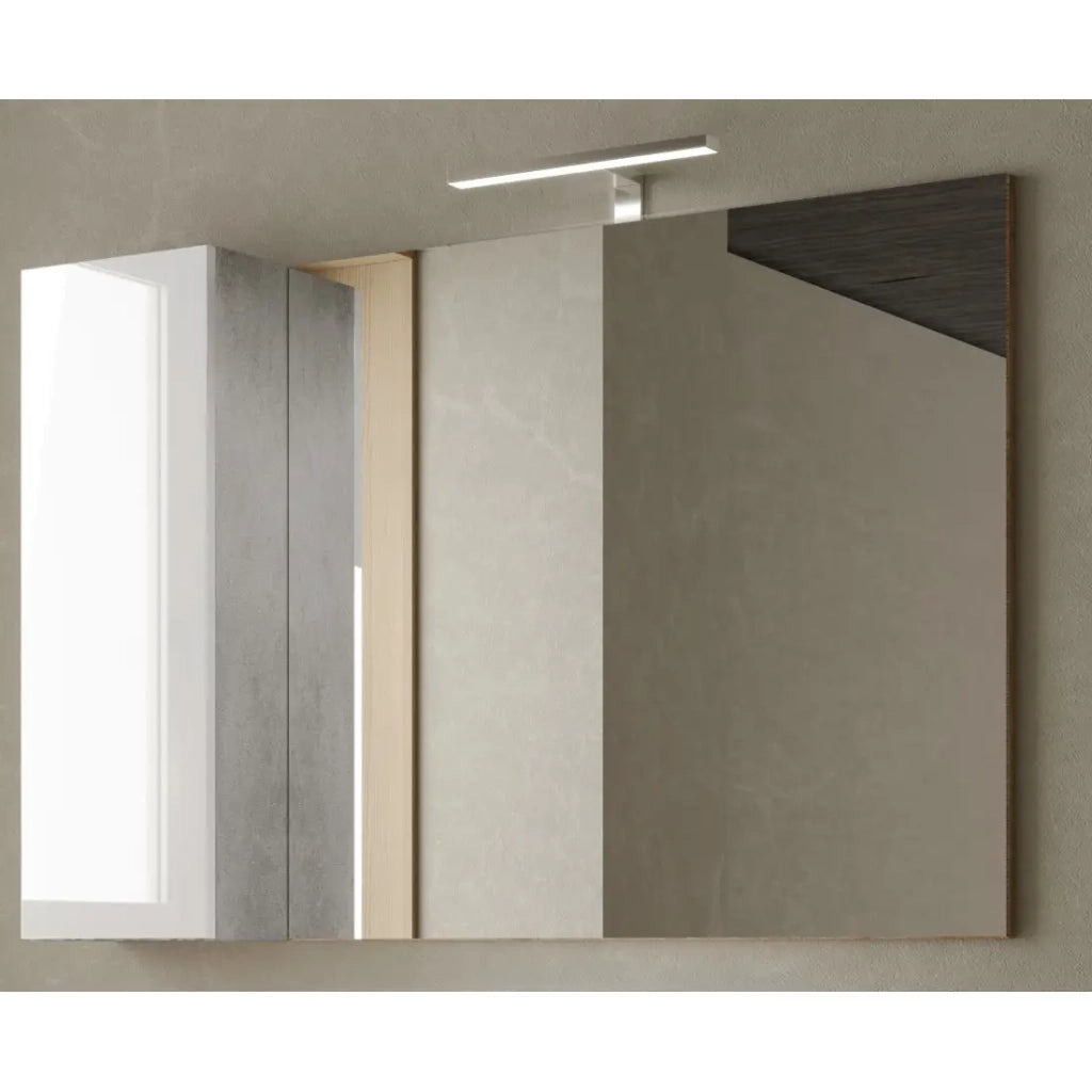 Specchio design con vano portaoggetti, 110x75 cm, collezione BURA, colori bianco lucido e cemento.