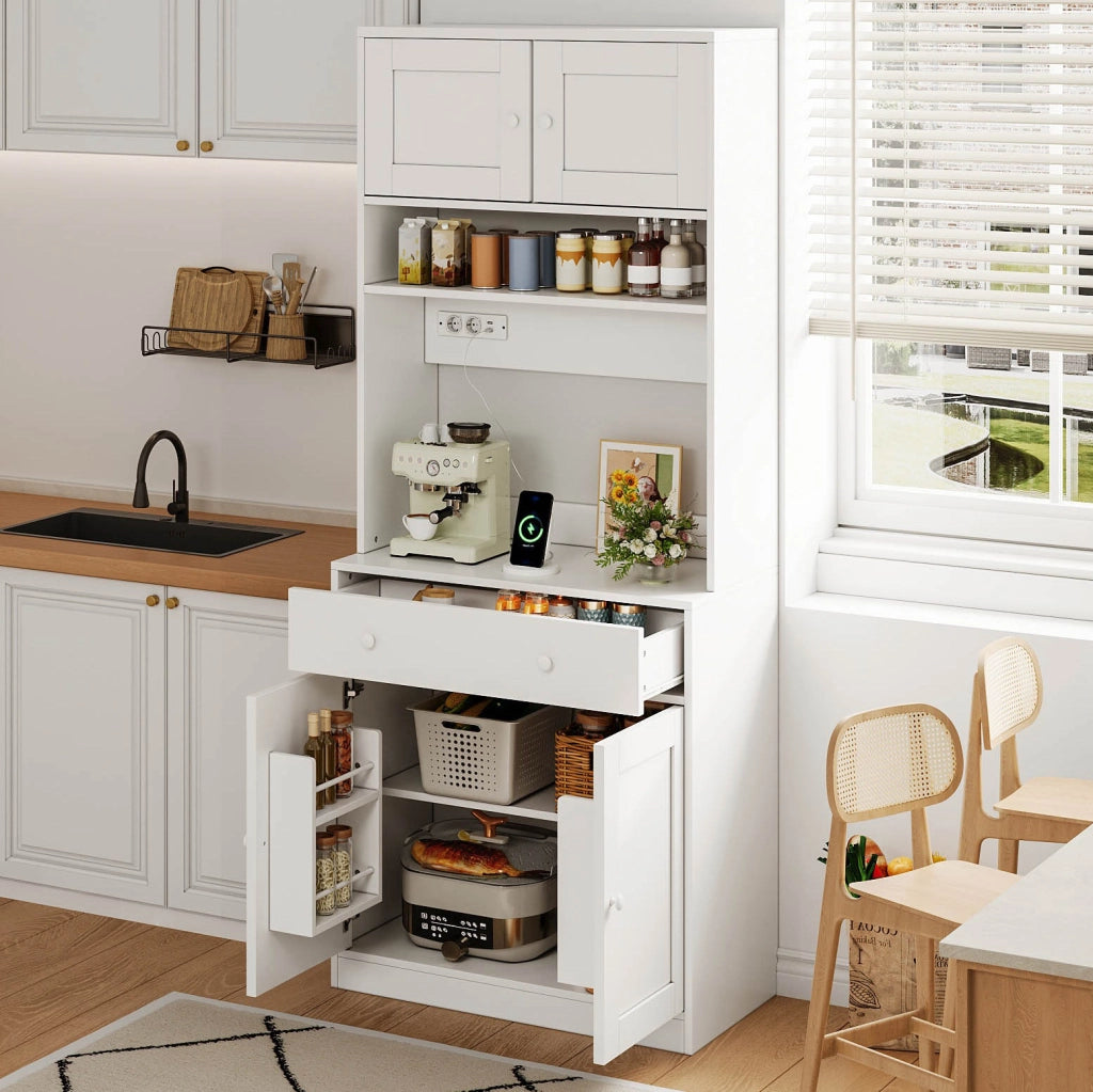 Credenza cucina alta 180 cm con LED RGB, prese integrate, cassetto grande e ripiani in MDF