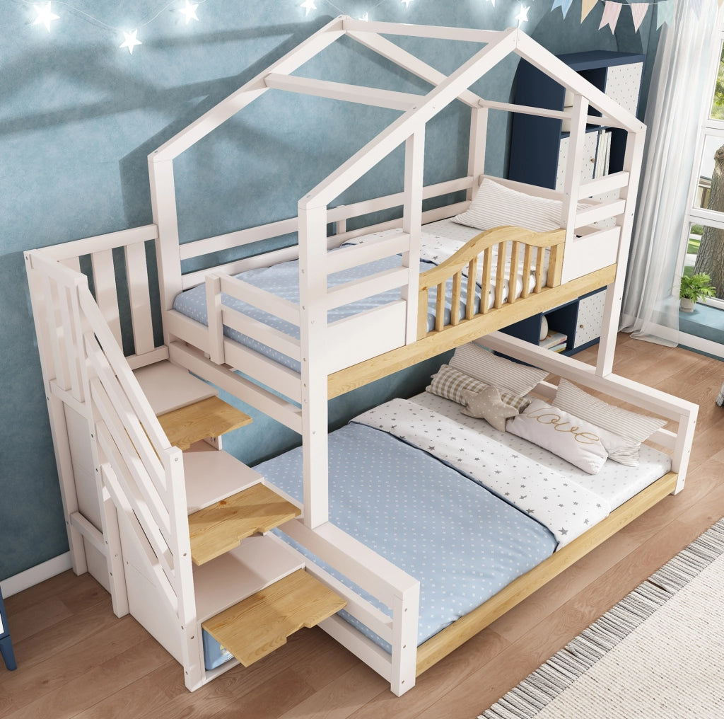 Letto a castello per bambini 90x200/140x200 in legno bianco e naturale con scala contenitore