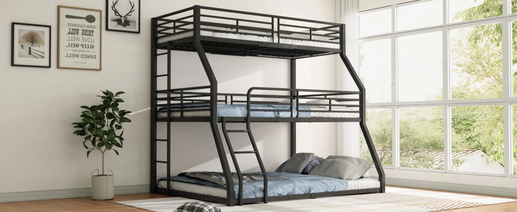DESMIU Letto a castello 90 × 200 cm 3 posti con scala reversibile e sponde, senza materasso, in metallo, nero