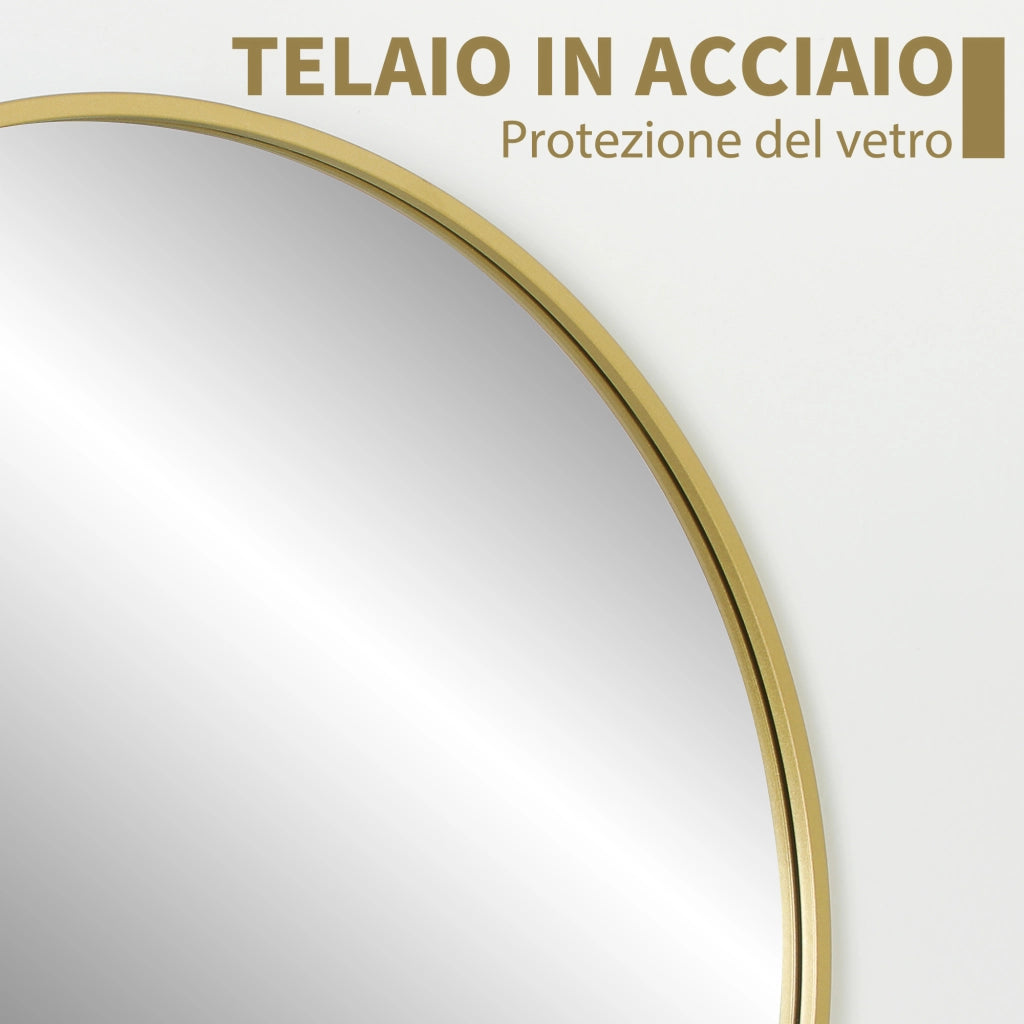 Specchio Rotondo Ø70x2.5 cm con Superficie Antiurto e Struttura in Acciaio Oro
