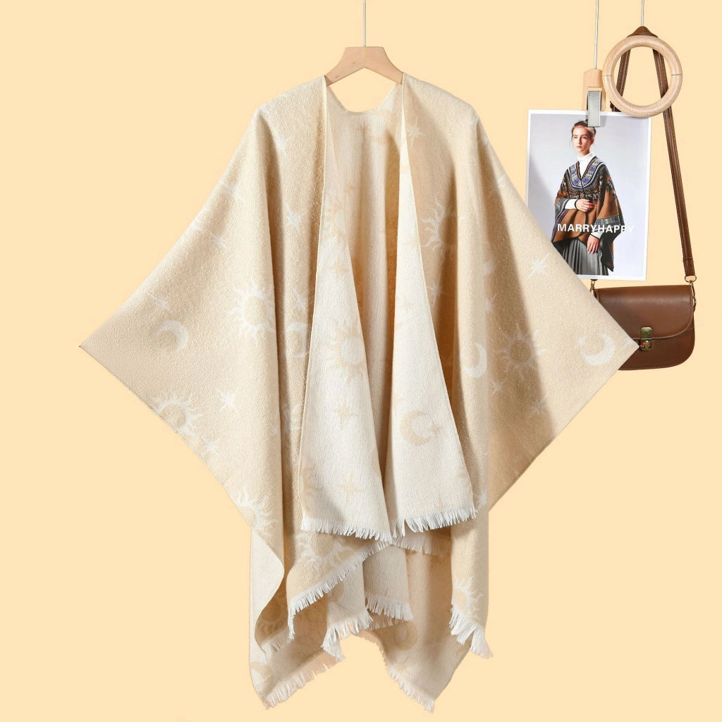Nuovo scialle caldo da donna in jacquard con nappe a doppio lato e spacco
