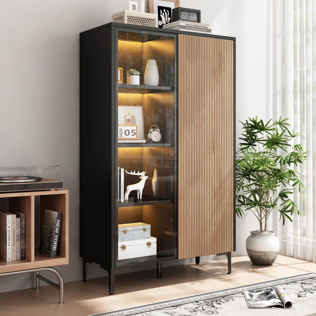 Vetrina 90x40x135 cm in MDF nera e legno con LED e 8 vani –