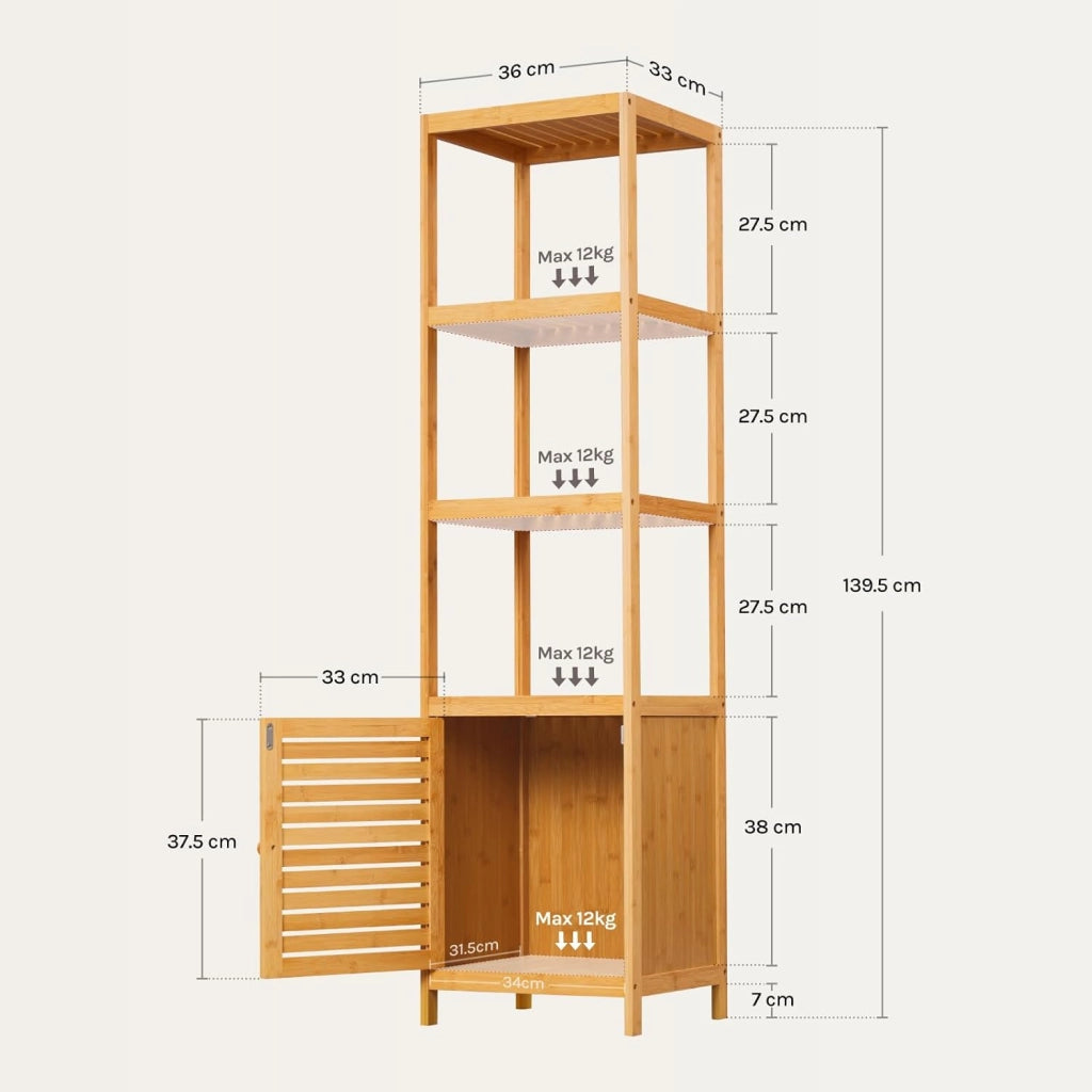Armadio da Bagno in Bambù, Mobile da Bagno Alto e Stretto con Porta a Battente, 4 Ripiani Aperti, Scaffale Angolare Indipendente, 36x33x140cm