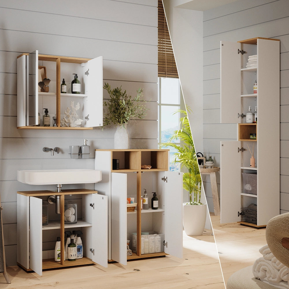 Vicco Set mobili bagno Bianco/Artisan 4 pezzi, con colonna e mobile midi con ante