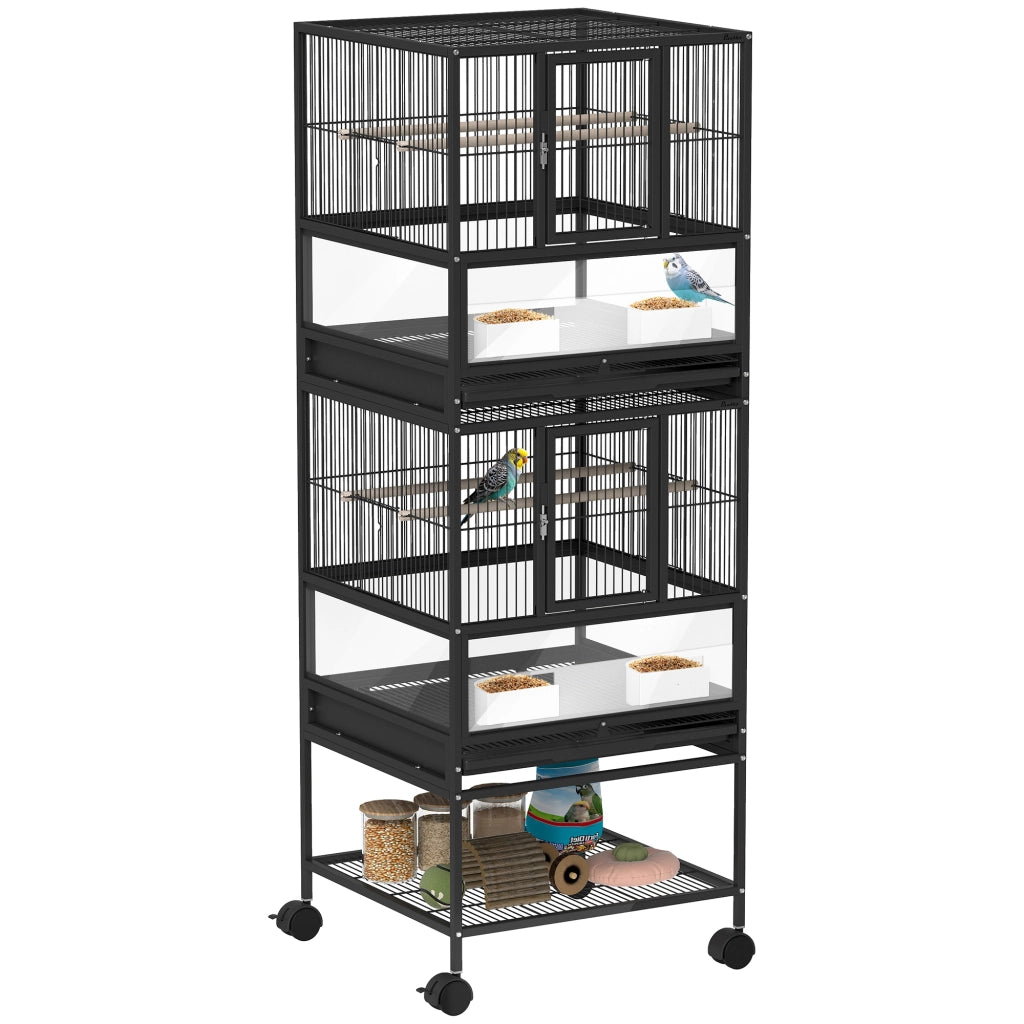 Gabbia per Uccelli 2 Livelli con Pannelli Acrilici ¨C zephmum ¨C Nero 48x46x134.5 cm