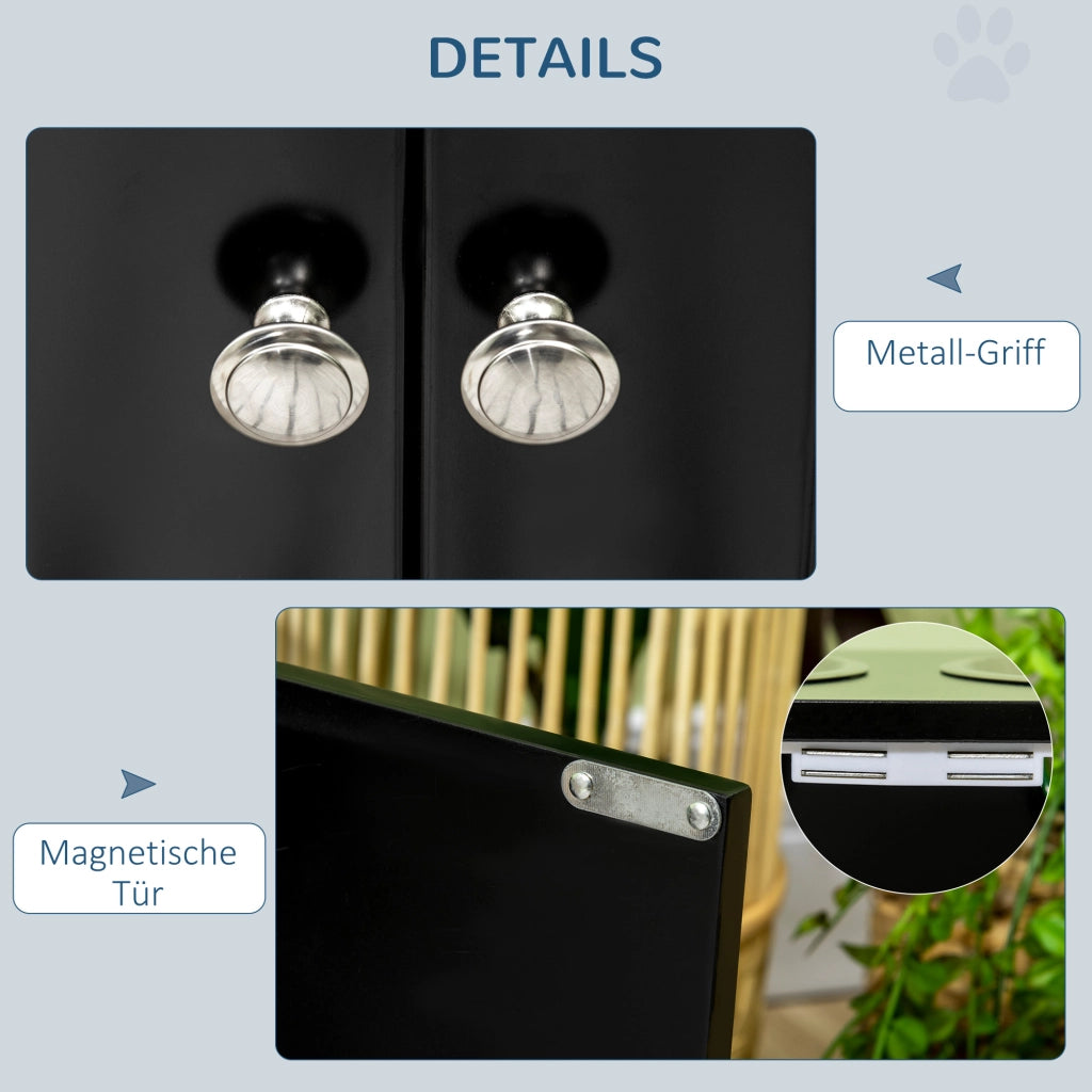 Scaffale per cani rialzato con 2 ciotole in acciaio inox e vano da 44 l con ante magnetiche in legno nero per grandi cani