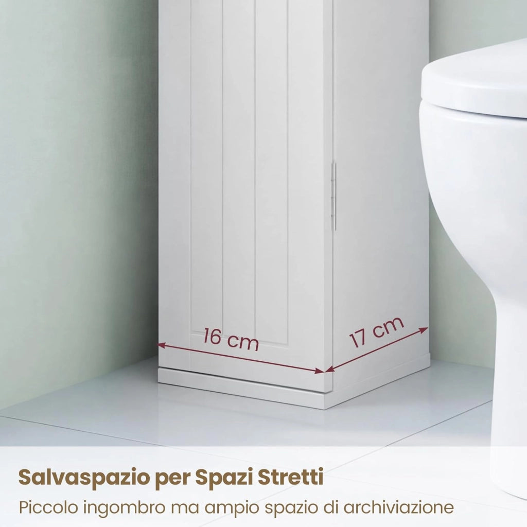 Mobiletto da Bagno a 5 livelli, Armadietto a Colonna Salvaspazio con Ripiani Rimovibili, Uscita per Carta Igienica e 2 Dispositivi Anti-ribaltamento per Ingresso, 16 x 16 x 69 cm (2)