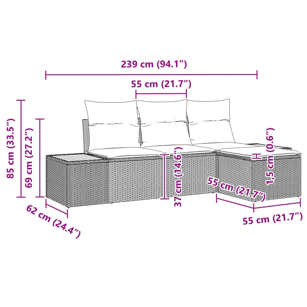 Set Divano da Giardino 4 Pezzi con Cuscini Nero Polyrattan Acacia