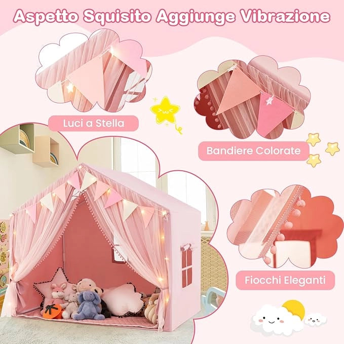 Tenda da Gioco per Bambini, Tenda Castello per 3-4 Bambini con Tende in Tessuto e Rete Luci a Stella e Finestre, Materassino in Cotone, per Bambini 3 Anni+, 146x96x133 cm (Rosa)