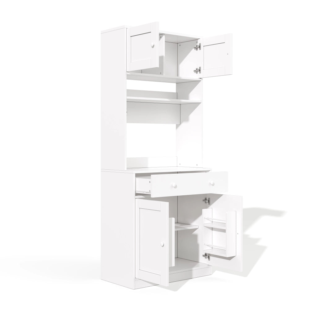 Credenza da cucina alta 180 cm con LED, prese e ampio spazio contenitivo, bianco
