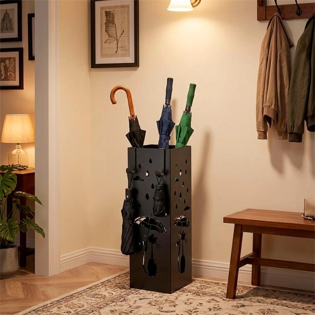 Portaombrelli Moderno In Metallo Con Gatto Decorativo Due Ganci Laterali Vaschetta Scolapioggia Removibile Base Antiscivolo Stand Per Casa E Ufficio 49 X 15.5 X 15.5 Cm Nero