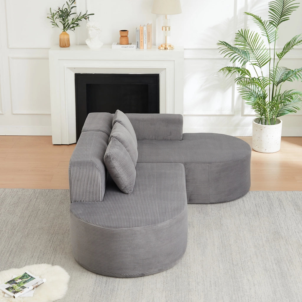 Divano ad angolo modulare in velluto a coste con schienale curvo e braccioli curvi grigio 220 × 155 × 70 cm