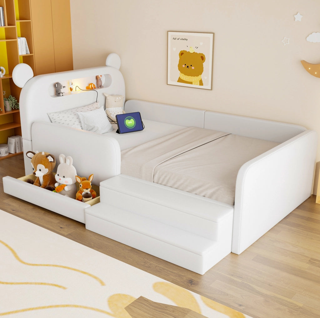 Letto imbottito modulare per bambini 90x200 cm con testiera orso; luce LED; USB e contenitore; bianco
