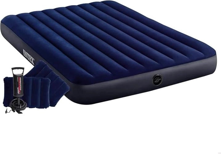 Materasso Gonfiabile Classic Downy Matrimoniale, Due Cuscini e Pompa Manuale, PVC, Blu, 152x203x25 cm,Intex