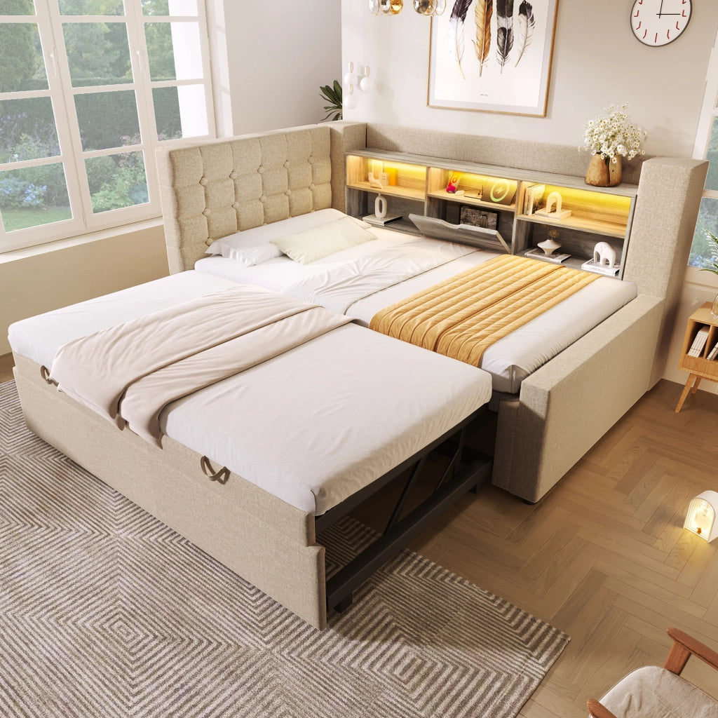 Letto a Divanetto 90x200 cm; Letto Singolo - Estraibile; LED; USB e Type-C - Beige