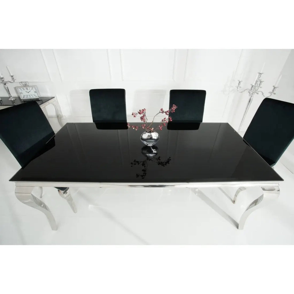 Tavolo da pranzo VELENA – Acciaio lucidato e vetro nero – 200 cm – Stile barocco moderno