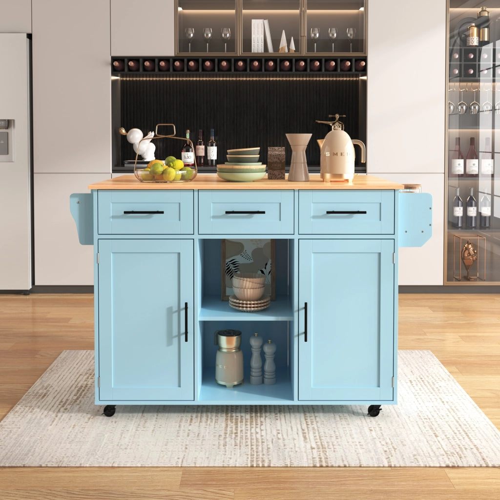 Isola da Cucina Mobile 139x46/71x91;5 cm Blu con Piano Ribaltabile; 3 Cassetti; Ruote e Gambe in Legno