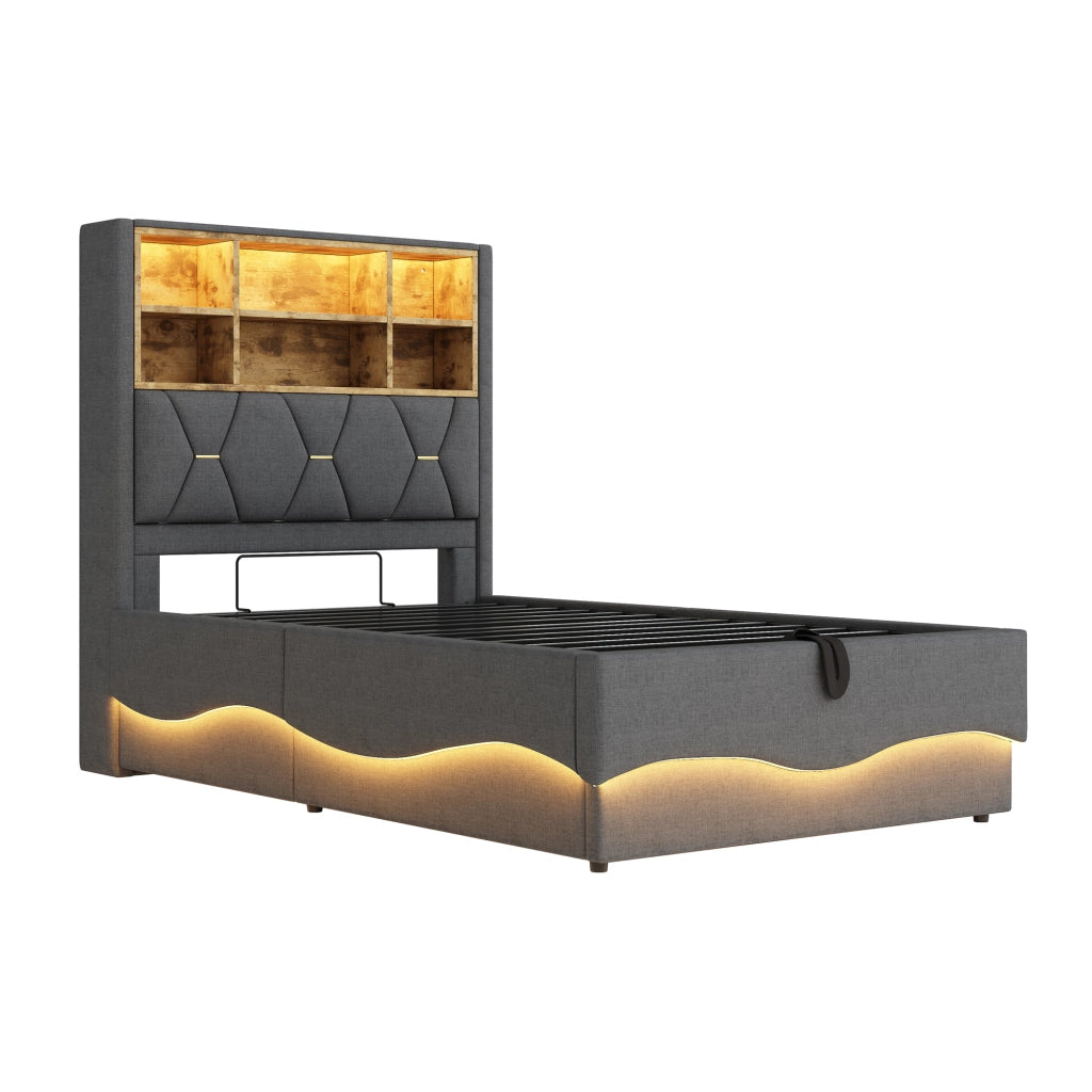 Letto singolo 90×200 cm contenitore con LED e USB; rete sollevabile; senza materasso; ferro; grigio