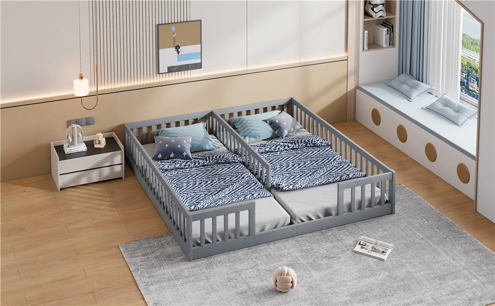 DESMIU Letto bambino 90 × 200 cm 2 posti con sponda di sicurezza, senza materasso, in pino e MDF, grigio