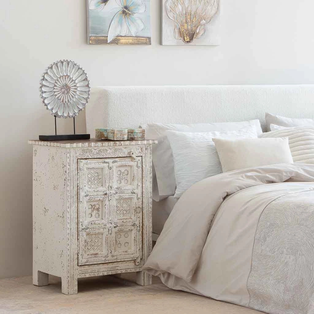 Comodino artigianale in legno con 1 anta, bianco, 53x40x73h cm