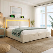 Letto matrimoniale 140x200 cm con contenitore idraulico, LED, USB e USB-C, beige