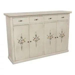 Credenza madia buffet mod Lia in legno Shabby chic bianco anticato decorato fiori